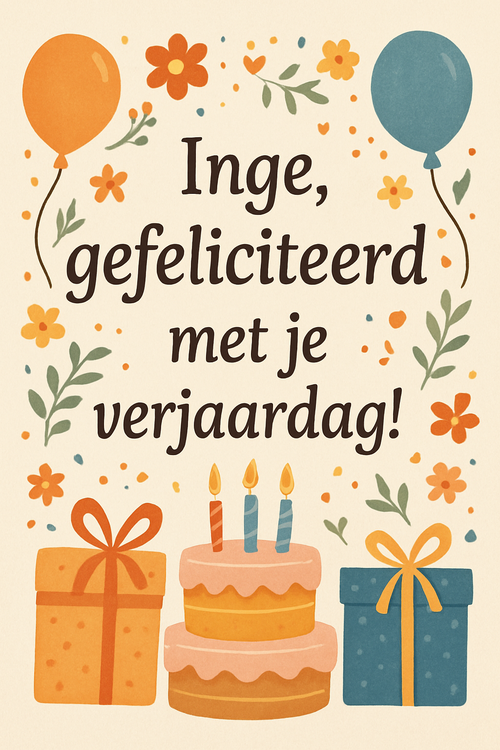 Create a beautiful designed greeting card with the text "Inge, gefeliciteerd met je verjaardag! " and the theme Birthday