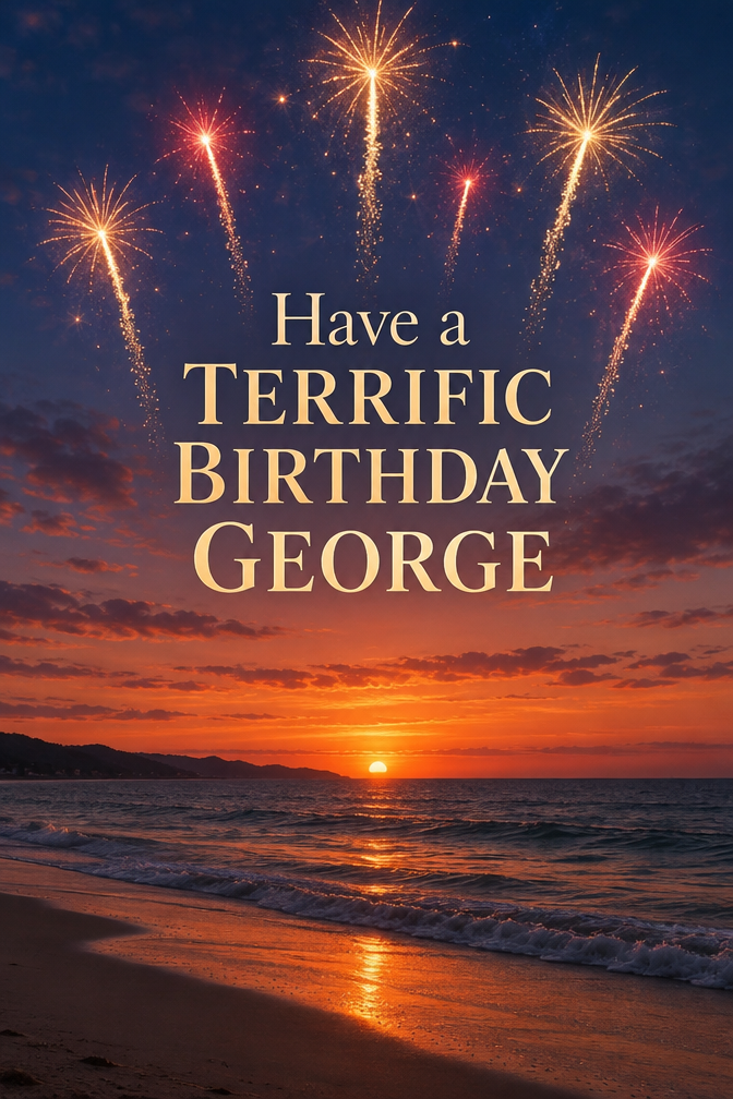 "Have a TERRIFIC BIRTHDAY GEORGE" over "beach at dusk"