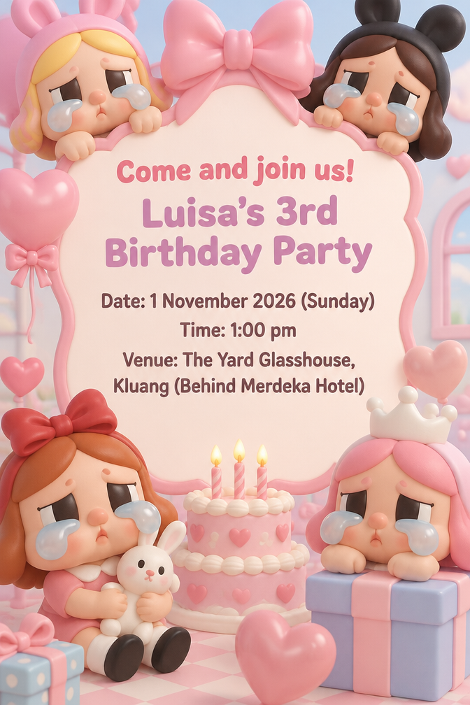 Come and join us!
Luisa’s 3rd Birthday Party
Date: 1 November 2026 (Sunday)
Time: 1:00 pm
Venue: The Yard Glasshouse, Kluang (Behind Merdeka Hotel)