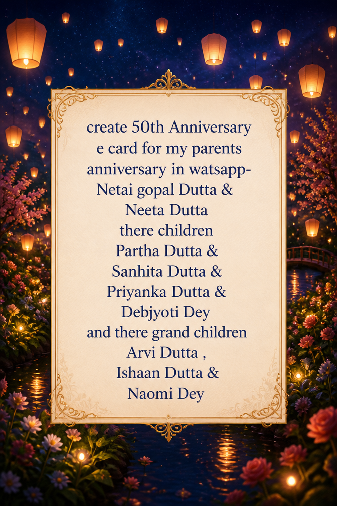create 50th Anniversary e card for my parents anniversary in watsapp- Netai gopal Dutta & Neeta Dutta there children Partha Dutta & Sanhita Dutta & Priyanka Dutta & Debjyoti Dey and there grand children Arvi Dutta , Ishaan Dutta & Naomi Dey