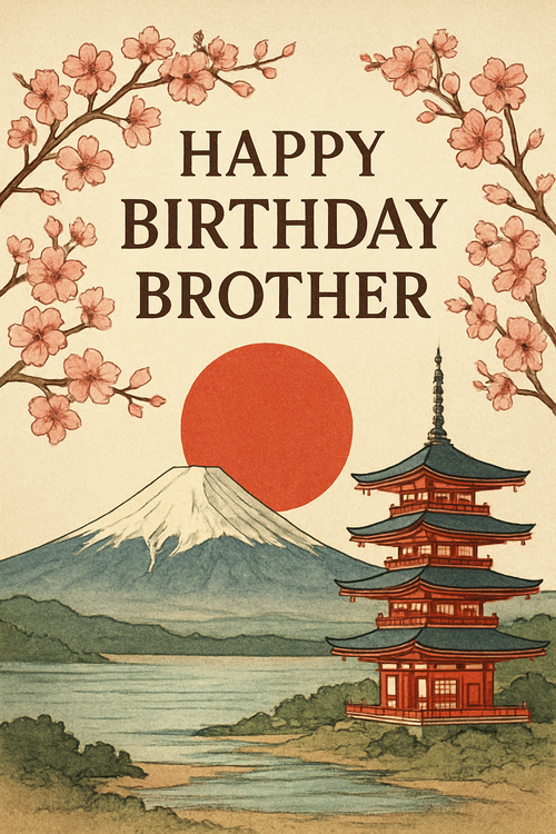 Create a beautiful designed greeting card with the text "Happy Birthday Brother" and the theme Japan