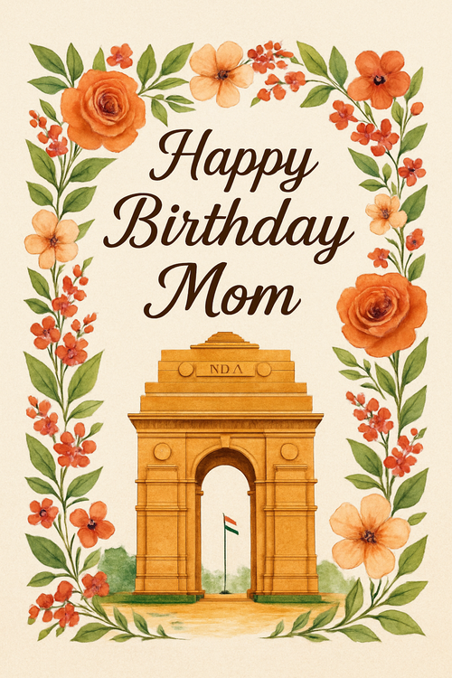 Create a beautiful designed greeting card with the text "Happy Birthday Mom" and the theme India Gate