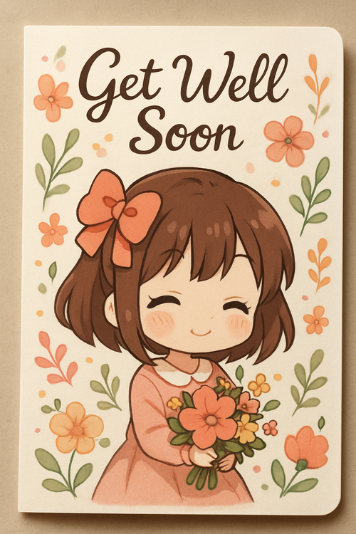 Create a beautiful designed greeting card with the text "Get Well Soon" and the theme Chibi Anime