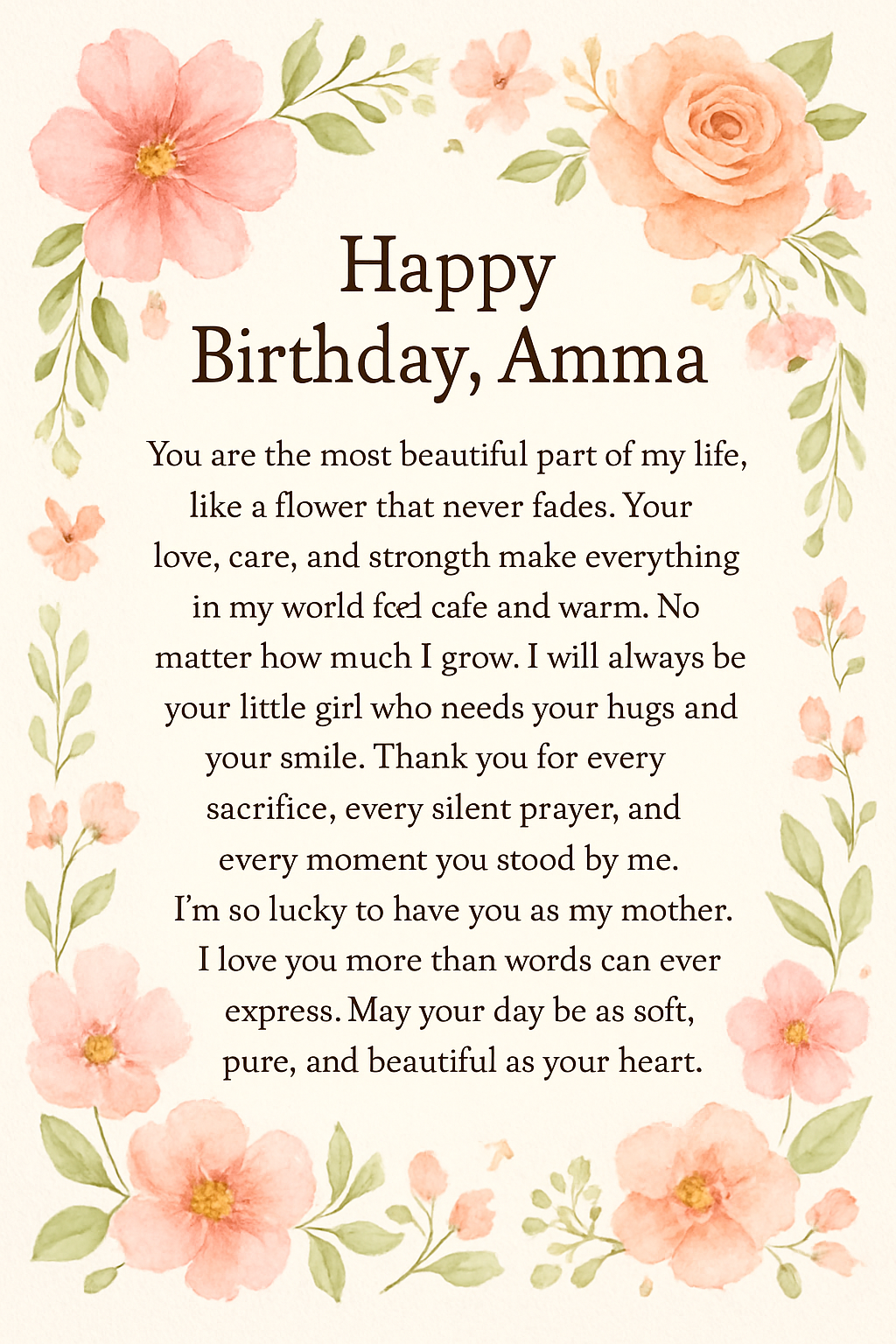 Happy Birthday, Amma 💗
You are the most beautiful part of my life, like a flower that never fades. Your love, care, and strength make everything in my world feel safe and warm. No matter how much I grow, I will always be your little girl who needs your hugs and your smile. Thank you for every sacrifice, every silent prayer, and every moment you stood by me. I’m so lucky to have you as my mother. I love you more than words can ever express. May your day be as soft, pure, and beautiful as your heart.” 🌸✨