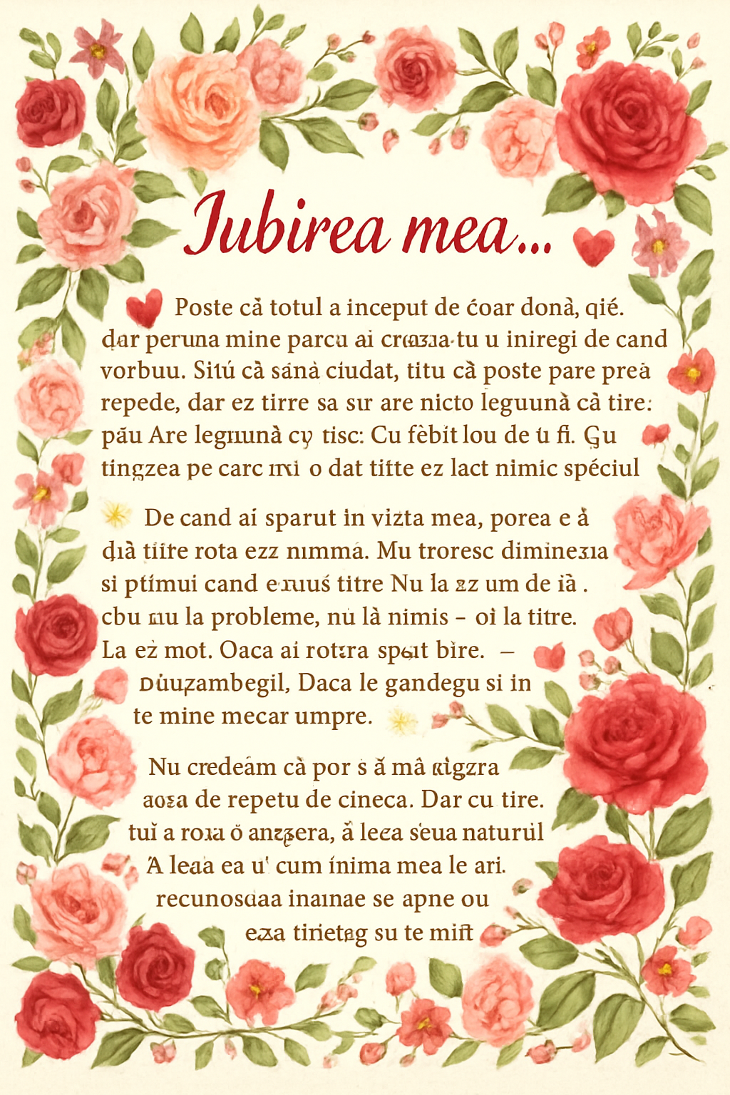 Iubirea mea… ❤️
Poate că totul a început de doar două zile… dar pentru mine parcă au trecut luni întregi de când vorbim. Știu că sună ciudat, știu că poate pare prea repede, dar ce simt eu nu are nicio legătură cu timpul. Are legătură cu tine. Cu felul tău de a fi. Cu liniștea pe care mi-o dai fără să faci nimic special. 🥺✨
De când ai apărut în viața mea, parcă s-a schimbat ceva în mine. Mă trezesc dimineața și primul gând e la tine. Nu la ce am de făcut, nu la probleme, nu la nimic… ci la tine. La ce faci. Dacă ai dormit bine. Dacă zâmbești. Dacă te gândești și tu la mine măcar un pic. ☀️💭
Nu credeam că pot să mă atașez așa de repede de cineva. Dar cu tine nu a fost o alegere. A fost ceva natural. A fost ca și cum inima mea te-a recunoscut înainte să apuc eu să înțeleg ce se întâmplă. ❤️🔥
Și știi ce îmi place cel mai mult?
Că nu simt că trebuie să mă prefac. Nu simt că trebuie să impresionez. Nu simt că trebuie să fiu altcineva. Cu tine sunt eu. Exact așa cum sunt. Iar sentimentul ăsta e rar… extrem de rar. 🌙
Faptul că deja vorbim despre momentul în care o să vii aici, lângă mine, în Anglia… mă face să am emoții reale. Nu emoții de moment. Emoții din alea care îți rămân în piept și nu mai pleacă. Îmi imaginez cum o să fie când o să te văd prima dată. Cum o să mă apropii de tine. Cum o să te îmbrățișez și o să simt că, în sfârșit, totul e exact unde trebuie să fie. 🤗💞
Nu vreau să fie doar o vizită.
Vreau să fie începutul amintirilor noastre.
Prima plimbare împreună. 🌆
Prima dată când râdem unul lângă altul fără motiv. 😄
Prima cafea băută dimineața, încă somnoroși. ☕
Primele momente în care o să ne uităm unul la altul și o să realizăm că nu mai suntem doar două persoane care vorbesc… ci două persoane care trăiesc ceva împreună. 🫶
Poate că pare devreme să spun toate astea. Dar eu nu vreau să mă ascund după frică sau după „ce zice lumea”. Viața e prea scurtă să nu spui ce simți atunci când simți. Iar eu simt că vreau să construiesc ceva cu tine. Pas cu pas. Fără grabă. Dar împreună. 🛤️
Nu îți promit basme.
Nu îți promit că o să fie totul perfect.
Dar îți promit că o să fiu sincer.
Îți promit că o să fiu lângă tine.
Îți promit că o să lupt pentru noi atunci când va fi greu. 🤝
Pentru că iubirea adevărată nu înseamnă doar emoții frumoase. Înseamnă răbdare. Înseamnă grijă. Înseamnă să alegi omul ăla în fiecare zi, chiar și atunci când nu e ușor. Iar eu… te aleg pe tine. 💗
Știi ce e ciudat?
Deși încă nu ne-am ținut de mână în realitate, simt că deja există o legătură între noi. O legătură care nu ține de distanță, de kilometri sau de timp. Ține de felul în care ne înțelegem, de felul în care vorbim, de liniștea pe care o simt când ești acolo, chiar și printr-un mesaj. 📱✨
Mi-ai adus o stare pe care nu o pot explica.
Nu e doar bucurie.
E calm.
E siguranță.
E sentimentul ăla că „da… aici vreau să fiu”. 🌸
Abia aștept ziua în care nu o să mai trebuiască să îți scriu că mi-e dor… pentru că o să fii lângă mine. Abia aștept să nu mai existe „noapte bună” spus la telefon, ci spus în șoaptă, înainte să adormim. 🌙💤
Vreau să descoperim lucruri împreună.
Să ne certăm uneori și apoi să ne împăcăm râzând.
Să avem glumele noastre pe care nimeni nu le înțelege.
Să construim ceva simplu… dar adevărat. 🏡💫
Poate că povestea noastră a început neașteptat.
Poate că nu a fost planificată.
Dar uneori cele mai frumoase lucruri din viață nu sunt cele pe care le planifici… sunt cele care pur și simplu se întâmplă. Iar tu… ești unul dintre ele. 🌹
Și dacă peste ani o să ne amintim de zilele astea, vreau să putem spune că am avut curaj. Că nu ne-a fost frică să simțim. Că am lăsat lucrurile să crească natural. 🌱
Până atunci, să știi că aici e cineva care se gândește la tine mai des decât crezi, care zâmbește când îți vede numele și care așteaptă cu nerăbdare momentul în care distanța dintre noi nu o să mai existe. ❤️
Ai grijă de tine… pentru că pentru mine contezi enorm.
Mai mult decât pot spune în cuvinte. 💌