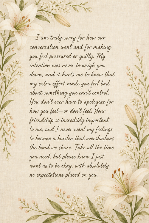 I am truly sorry for how our conversation went and for making you feel pressured or guilty. My intention was never to weigh you down, and it hurts me to know that my extra effort made you feel bad about something you can't control. You don’t ever have to apologize for how you feel—or don't feel. Your friendship is incredibly important to me, and I never want my feelings to become a burden that overshadows the bond we share. Take all the time you need, but please know I just want us to be okay, with absolutely no expectations placed on you.