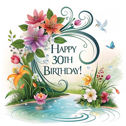 incredible aesthetic and artistic graphic design with the text "Happy 30th Birthday!" with a theme of Flowers water