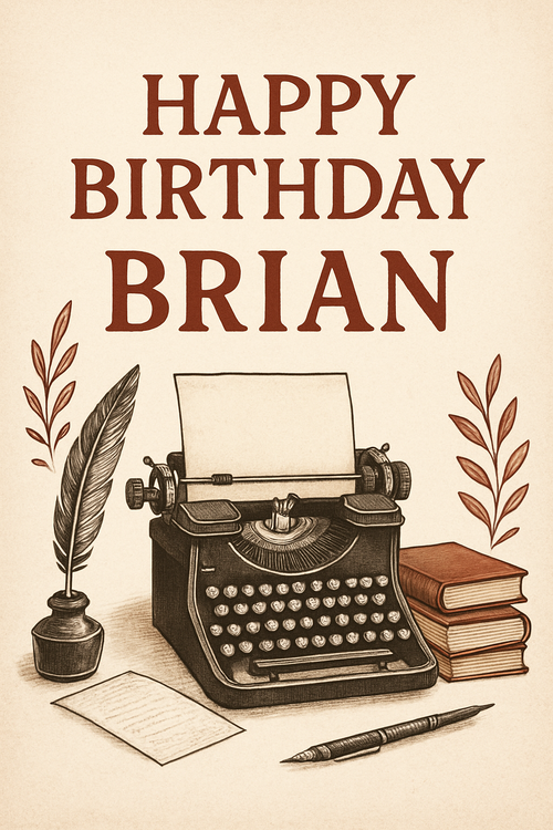 Create a beautiful designed greeting card with the text "Happy Birthday Brian" and the theme Author, writer