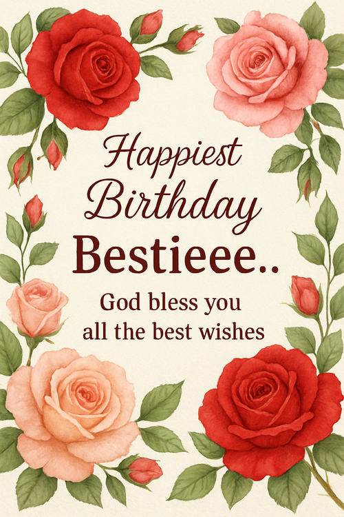 Create a beautiful designed greeting card with the text "Happiest Birthday Bestieee.. God bless you all the best wishes " and the theme Rose