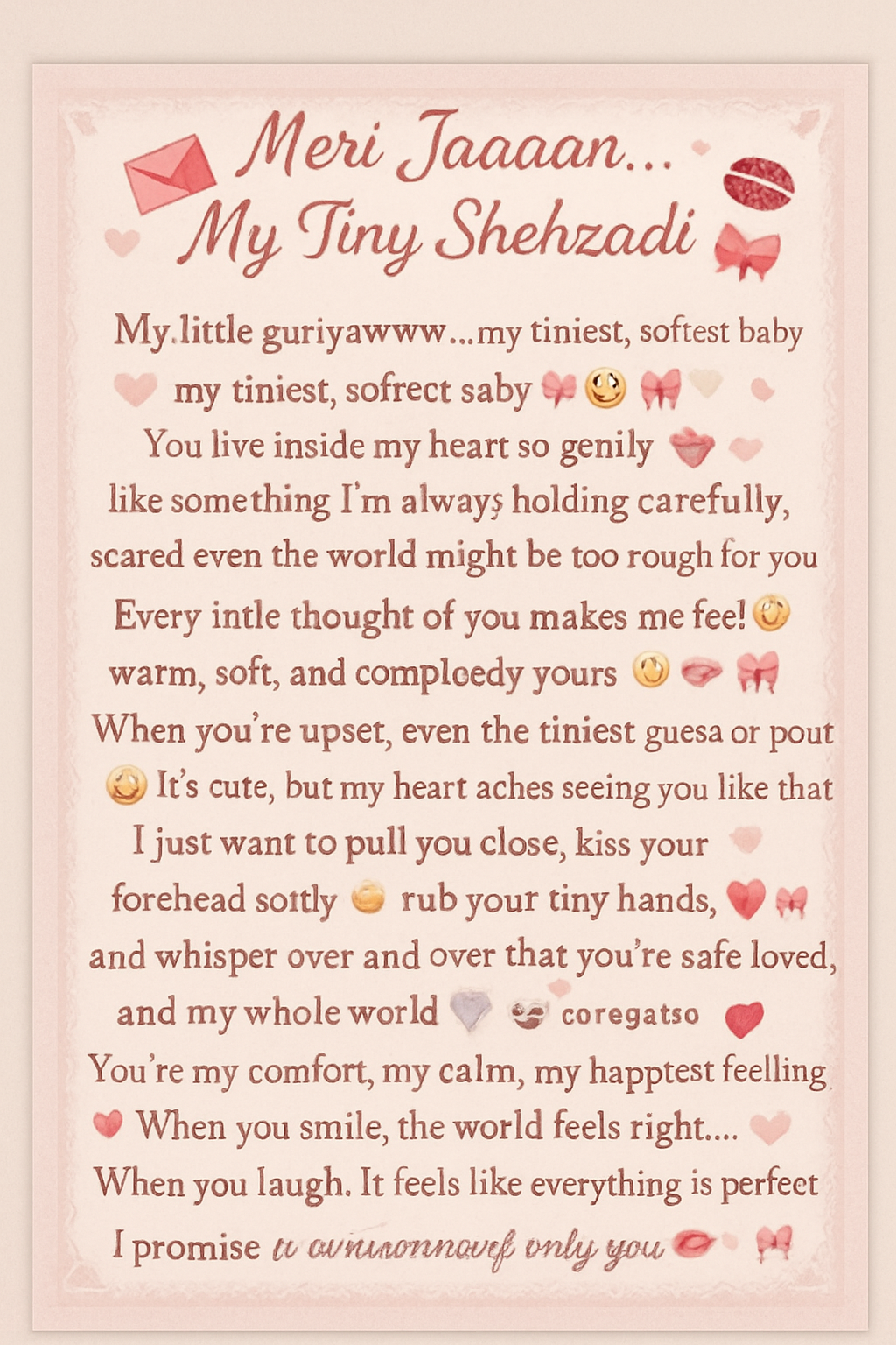 💌 Meri Jaaaan… My Tiny Shehzadi 🫀🎀💋
My little guriyawww…
my tiniest, softest baby 🥹🎀🤍
You live inside my heart so gently 🫀
like something I’m always holding carefully,
scared even the world might be too rough for you 😭👉🏻👈🏻
Every little thought of you makes me feel warm, soft, and completely yours 🫠💋
When you’re upset, even the tiniest gussa or pout 😚🎀
it’s cute, but my heart aches seeing you like that 🥹🤍
I just want to pull you close,
kiss your forehead softly 😚💋🎀
rub your tiny hands,
and whisper over and over that you’re safe, loved,
and my whole world 🫶🏻🫀
You’re my comfort, my calm, my happiest feeling 🥹🎀
When you smile, the world feels right…
When you laugh, it feels like everything is perfect 🤍🫶🏻
I promise to be softer with my words,
gentler with your feelings,
and extra careful with your tiny heart 🫀🎀
Because you’re not just my baby…
you’re my everything 😭👉🏻👈🏻💓
Come back to me with that baby smile, my guriya…
my heart feels complete only when you’re happy 😚🎀💋
Forever yours, always & only you 🫀🤍🎀💋