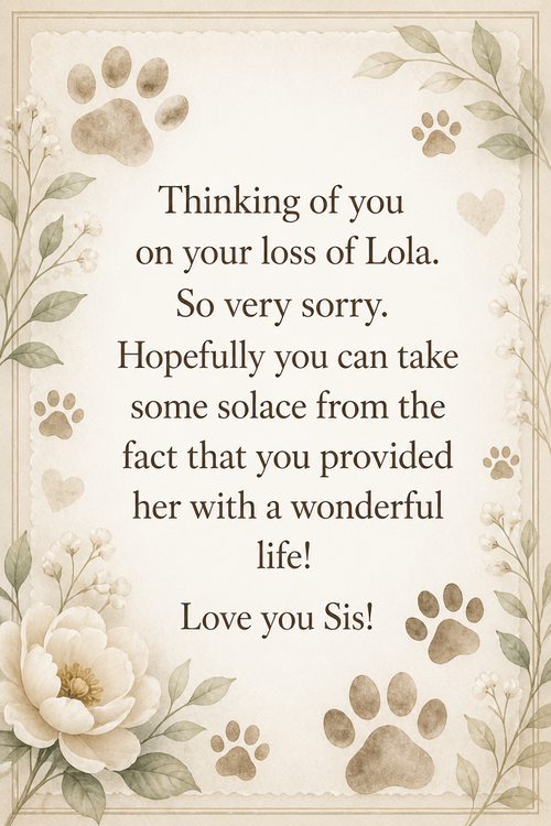 Thinking of you on your loss of Lola. So very sorry. Hopefully you can take some solace from the fact that you provided her with a wonderful life! Love you Sis!