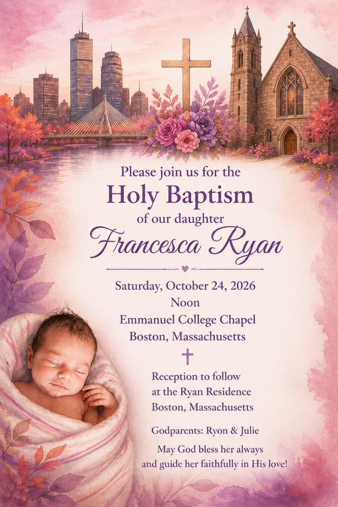 With joyful hearts and grateful praise to God, Ryon & Julie invite yon to join them as they celebrate the Holy Baptism of their beloved daugher,
Francesca Ryan, as she is weloomed into the Catholie faith and begine her life in Christ.
Emmanuel College Chapel
Saturday October 24, 2026
Noon
May God bless her always and guide her faithfully in His love!