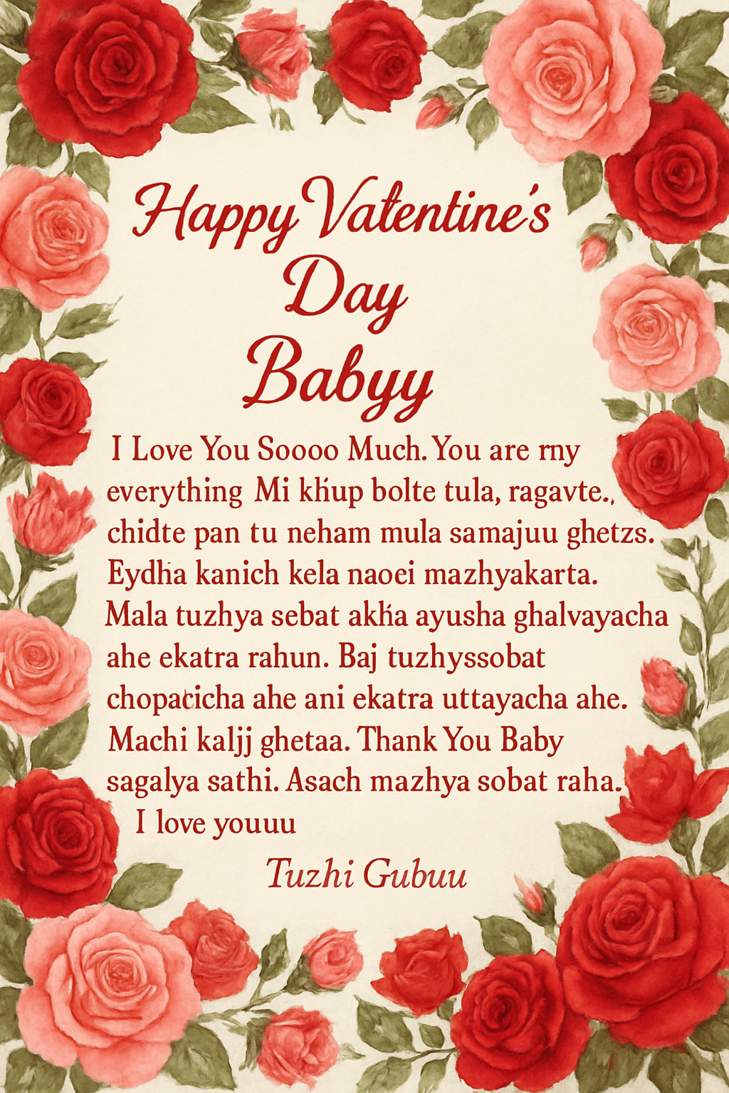 Happy Valentine's Day Babyy
I Love You Soooo Much. You are my everything. Mi khup bolte tula, ragavte, chidte pan tu nehami mala samajun ghetos. Evdha konich kela nasel mazhyakarta. Mala tuzhya sobat akha ayusha ghalvayacha ahe ekatra rahun. Roj tuzhyasobat zhopayacha ahe ani ekatra uthayacha ahe. Mazhi kalji ghetos. Thank You Baby sagalya sathi. Asach mazhya sobat raha. I love youuu
Tuzhi Gubuu