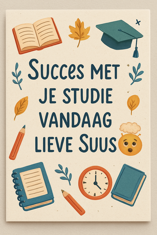 Create a beautiful designed greeting card with the text "Succes met je studie vandaag lieve Suus 🤯" and the theme Exams