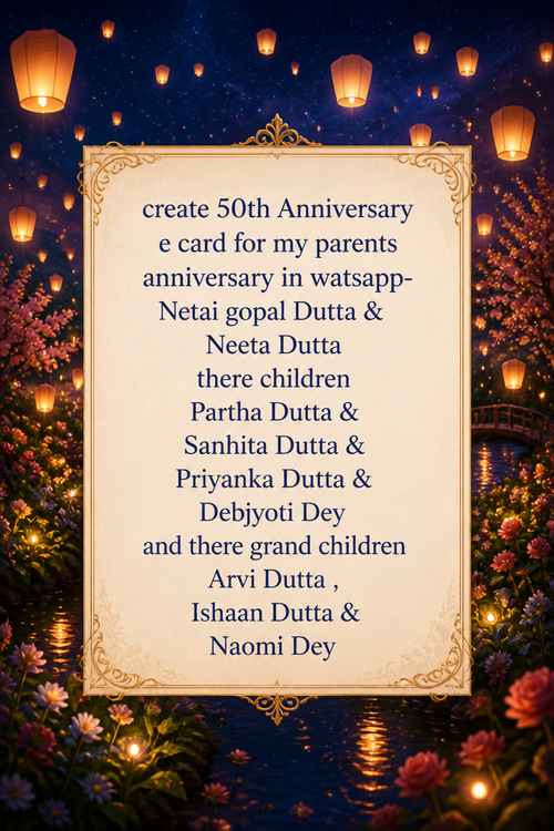 create 50th Anniversary e card for my parents anniversary in watsapp- Netai gopal Dutta & Neeta Dutta there children Partha Dutta & Sanhita Dutta & Priyanka Dutta & Debjyoti Dey and there grand children Arvi Dutta , Ishaan Dutta & Naomi Dey