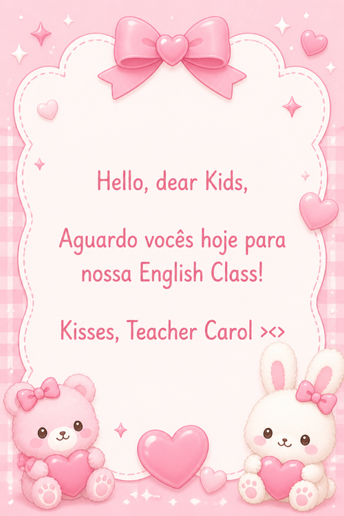 Hello, dear Kids,

Aguardo vocês hoje para nossa English Class!
Kisses, Teacher Carol ><>
