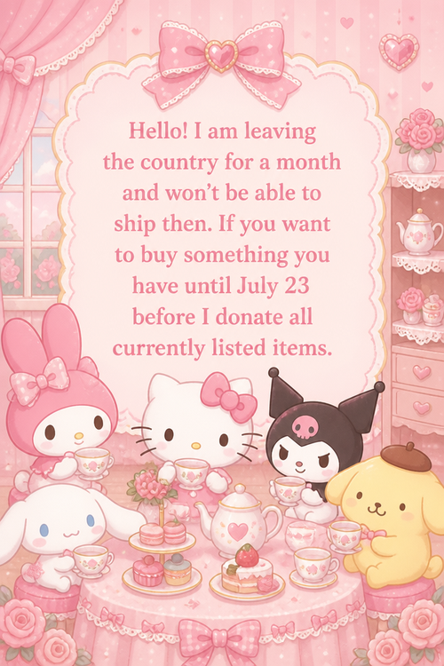 Hello! I am leaving the country for a month and won’t be able to ship then. If you want to buy something you have until July 23 before I donate all currently listed items.