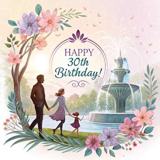 incredible aesthetic and artistic graphic design with the text "Happy 30th Birthday!" with a theme of Family water flowers