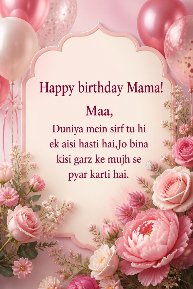 Happy birthday Mama!
Maa,
Duniya mein sirf tu hi ek aisi hasti hai,Jo bina kisi garz ke mujh se pyar karti hai.