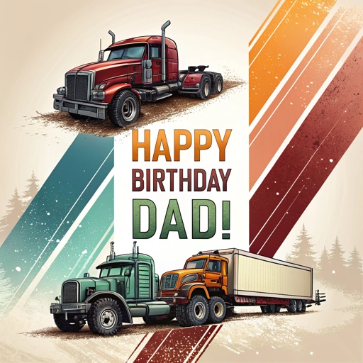 incredible aesthetic and artistic graphic design with the text "Happy Birthday Dad!" with a theme of Semi trucks tractors