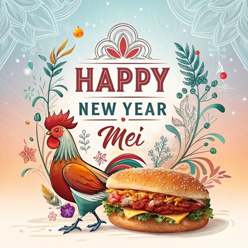 incredible aesthetic and artistic graphic design with the text "Happy new year Mei" with a theme of Chicken sandwich