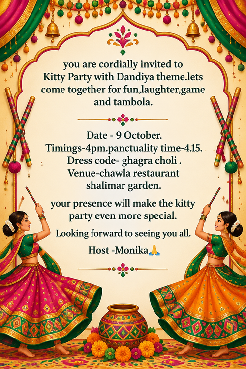 you are cordially invited to Kitty Party with Dandiya theme.lets come together for fun,laughter,game and tambola. Date - 9 October. Timings-4pm.panctuality time-4.15. Dress code- ghagra choli .Venue-chawla restaurant shalimar garden.your presence will make the kitty party even more special. Looking forward to seeing you all.Host -Monika🙏