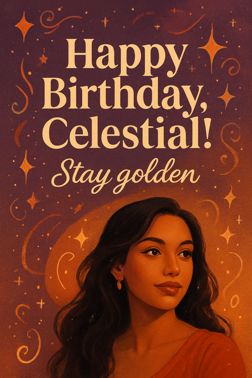 Create a beautiful designed greeting card with the text "“Happy Birthday, Celestial! May this year shine as brightly and effortlessly as you do — calm, iconic, and unforgettable. Keep being the kind of person who inspires everyone around you with your grace, intelligence, and quiet brilliance. Here’s to laughter, memorable moments, and a year filled with beauty, warmth, and soft glows that match your aura. Stay golden, stay remarkable, and never stop being the amazing, one-of-a-kind Celestial that everyone admires.”" and the theme **“Create a portrait-oriented animated birthday e-card using the provided photo.
Style: artistic, premium, visually stunning, and energetic.
Use a rich, warm colour palette: violet, beige, ivory, brown, pumpkin orange, maroon, and natural skin tones. Avoid lime-green.
Include artistic elements like sparkles, stars, hand-drawn swirls, abstract shapes, or subtle stickers — all elegantly integrated.
Animate these elements in a lively, dynamic way: twinkling, sliding, bouncing, or fading smoothly.
Integrate the photo creatively: tilted, cropped, overlapping with animated elements, or partially blended into the design.

Include her name Celestial in a bold, stylish, luxurious font that fits the elegant yet celebratory birthday vibe.
Add the birthday wish in the animation:
‘Happy Birthday, Celestial! Stay golden.’

Overall vibe: youthful yet sophisticated, artsy, chaotic-but-balanced, premium and intentional.
Make it feel like a designer-crafted, hand-made, completely unique e-card — NOT corporate, NOT generic, and NOT boring.
Ensure the final card is visually rich, layered, and conveys effort, care, and exclusivity.”**