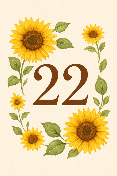 Create a beautiful designed greeting card with the text "22" and the theme Sunflower 
