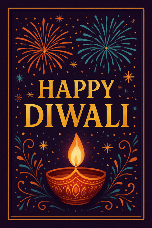 Create a beautiful designed greeting card with the text "Happy Diwali" and the theme Fireworks and Diya
