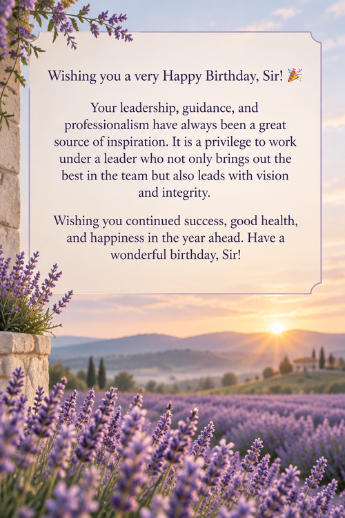 Wishing you a very Happy Birthday, Sir! 🎉

Your leadership, guidance, and professionalism have always been a great source of inspiration. It is a privilege to work under a leader who not only brings out the best in the team but also leads with vision and integrity.

Wishing you continued success, good health, and happiness in the year ahead. Have a wonderful birthday, Sir!
