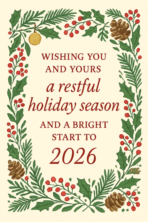 Create a beautiful designed greeting card with the text "Wishing you and yours a restful holiday season and a bright start to 2026." and the theme holidays