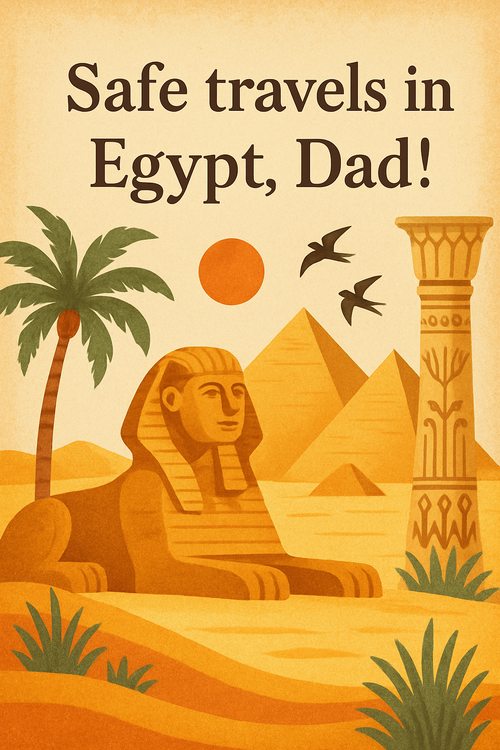 Create a beautiful designed greeting card with the text "Safe travels in Egypt Dad!" and the theme Egypt