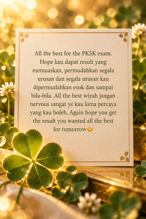All the best for the PKSK exam. Hope kau dapat result yang memuaskan, permudahkan segala urusan dan segala urusan kau dipermudahkan esok dan sampai bila-bila. All the best wiyah jangan nervous sangat ye kau kena percaya yang kau boleh. Again hope you get the result you wanted all the best for tomorrow🤝