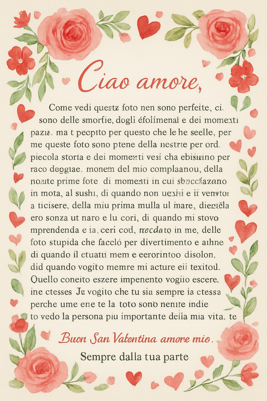 Ciao amore, come vedi queste foto non sono perfette, ci sono delle smorfie, degli sfottimenti e dei momenti pazzi, ma è proprio per questo che le ho scelte, per me queste foto sono piene della nostra, per ora, piccola storia e dei momenti veri che abbiamo passato assieme, momenti del mio compleanno, della nostre prime foto, di momenti in cui sfrecciavamo in moto, al sushi, di quando non uscivi e ti venivo a trovare, della mia prima multa al mare, di quando ero senza un’euro e tu c’eri, di quando mi stavo riprendendo e tu che avevi creduto in me, delle foto stupide che faccio per divertimento e infine di quando ti odio mentre mi schiacci i brufoli.
Quello che voglio dire è che non siamo perfetti, io non lo sono e nemmeno tu, ma la verità è che insieme non abbiamo bisogno di esserlo, perché il nostro amore non è cercare qualcuno senza difetti ma stare con qualcuno con cui mostrarne i tanti insieme.
Con te voglio essere imperfetto, voglio essere me stesso e voglio che tu sia sempre te stessa,
perché anche se le foto sono venute male, io vedo la persona più importante della mia vita: te
Buon San Valentino, amore mio.
Sempre dalla tua parte. ❤️