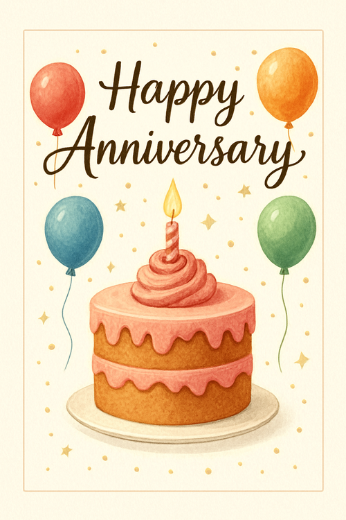 Create a beautiful designed greeting card with the text "Happy Anniversary " and the theme cake and balloons 