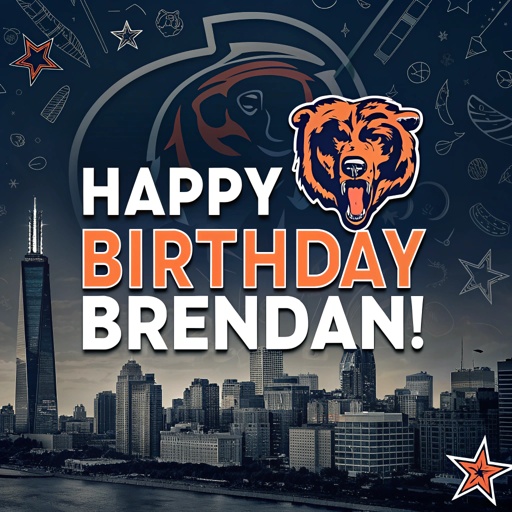 incredible aesthetic and artistic graphic design with the text "Happy Birthday Brendan!" with a theme of Chicago bears