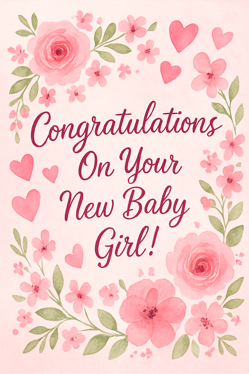 Create a beautiful designed greeting card with the text "Congratulations On Your New Baby Girl!" and the theme Pink, Floral, Love