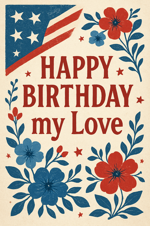 Create a beautiful designed greeting card with the text "Happy Birthday my Love" and the theme United States 