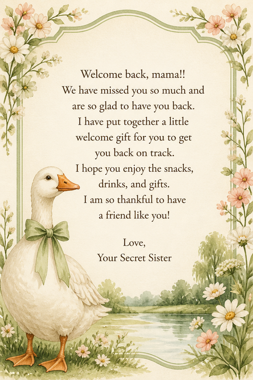 Welcome back, mama!! We have missed you so much and are so glad to have you back. I have put together a little welcome gift for you to get you back on track. I hope you enjoy the snacks, drinks, and gifts. I am so thankful to have a friend like you!
                                       Love, 
                               Your Secret Sister