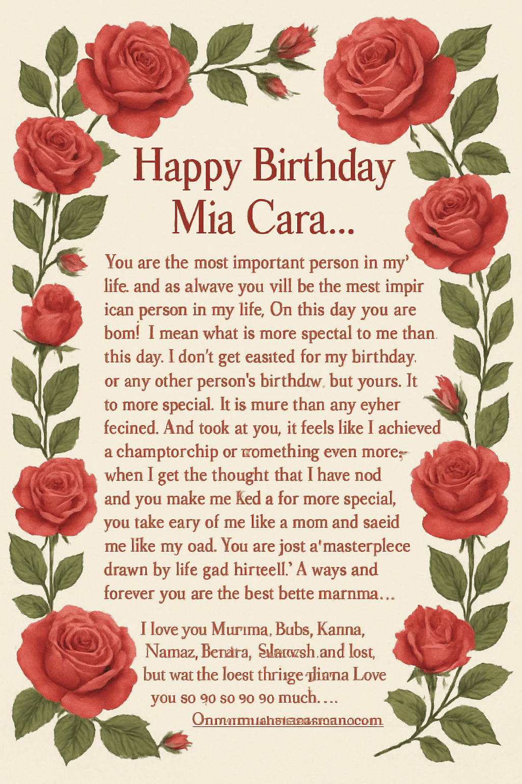 Create a beautiful designed greeting card with the text "Happy Birthday Mia Cara...
You are the most important person in my life, and as always you will be the most important person in my life. On this day, you are born, I mean what is more special to me than this day. I don't get excited for my birthday or any other person's birthday, but yours, it is more special, it is more than any other festival. And look at you, it feels like I achieved a championship or something even more when I get the thought that I have you, and you make me feel a lot more special, you take care of me like a mom and scold me like my dad. You are just a masterpiece drawn by the god himself. Always and forever you are the best baby mumma...
I love you Mumma, Baby, Kanna, Nanna, Reethu, Sahasra, and last but not the least thingardhana Love you so so so so much....... Ummmmmaaaaaaaaaaaaaaaaaaaaa
" and the theme Rose flowers, Love theme, deeply addicted lovers