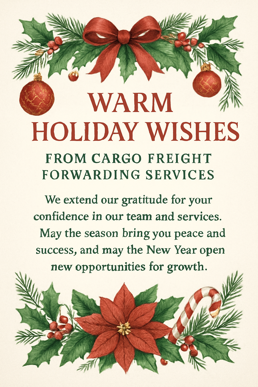 Warm Holiday Wishes from Cargo Freight Forwarding Services.
We extend our gratitude for your confidence in our team and services. May the season bring you peace and success, and may the New Year open new opportunities for growth.