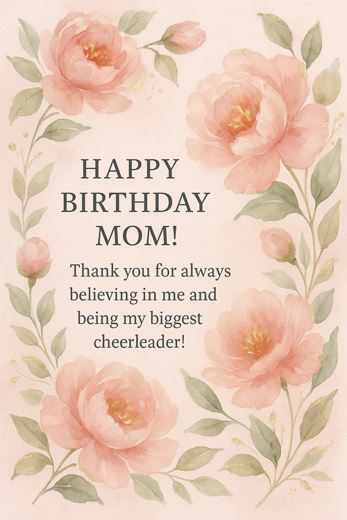 Create a beautiful designed greeting card with the text "Happy Birthday Mom! Thank you for always believing in me and being my biggest cheerleader!" and the theme Watercolor peonies with gold foil accents and soft pink background