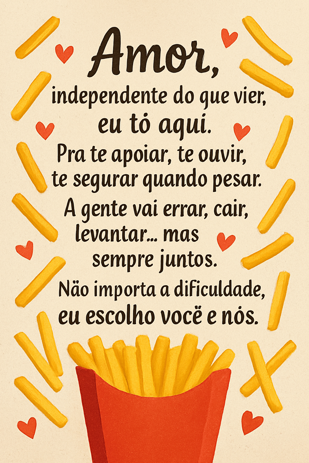 Amor, independente do que vier, eu tô aqui.
Pra te apoiar, te ouvir, te segurar quando pesar.
A gente vai errar, cair, levantar… mas sempre juntos.
Não importa a dificuldade, eu escolho você e nós.Amor, independente do que vier, eu tô aqui.
Pra te apoiar, te ouvir, te segurar quando pesar.
A gente vai errar, cair, levantar… mas sempre juntos.
Não importa a dificuldade, eu escolho você e nós.