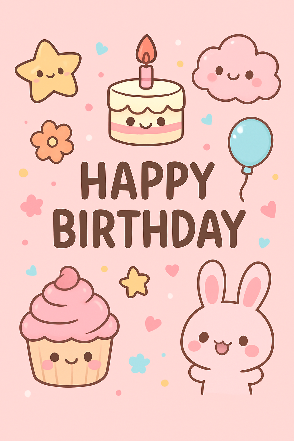 Create a beautiful designed greeting card with the text "Happy Birthday" and the theme Kawaii