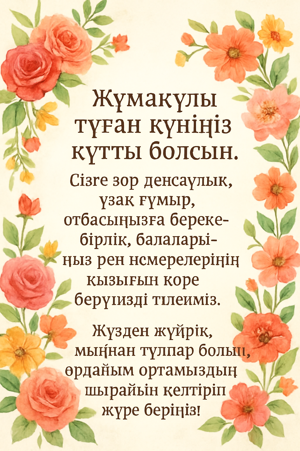Жумакуль туған күніңіз құтты болсын. Сізге зор денсаулық, ұзақ ғұмыр, отбасыңызға береке-бірлік,
балаларыңыз бен немерелеріңіздің қызығын көре беруіңізді тілейміз.
Жүзден жүйрік, мыңнан тұлпар болып, әрдайым ортамыздың шырайын келтіріп жүре беріңіз!