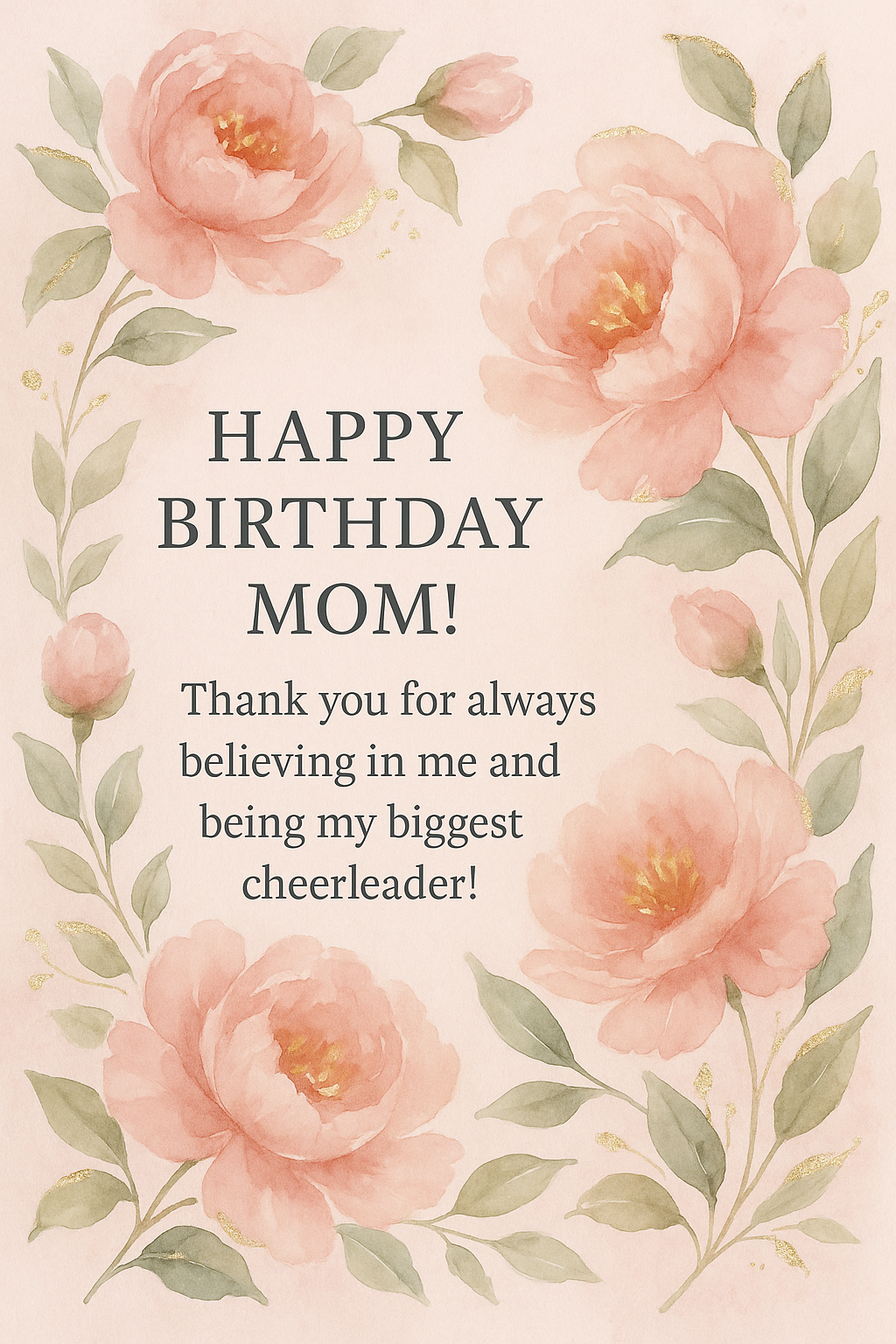 Create a beautiful designed greeting card with the text "Happy Birthday Mom! Thank you for always believing in me and being my biggest cheerleader!" and the theme Watercolor peonies with gold foil accents and soft pink background