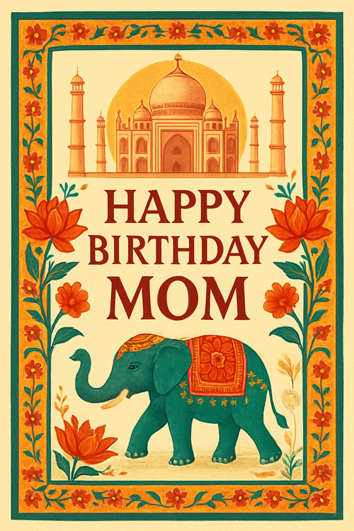 Create a beautiful designed greeting card with the text "Happy Birthday Mom" and the theme India