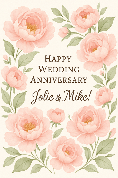 Create a beautiful designed greeting card with the text "Happy Wedding Anniversary Jolie & Mike!" and the theme Floral, peonies