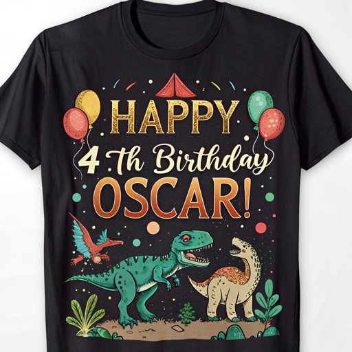 incredible aesthetic and artistic graphic design with the text "Happy 4th Birthday Oscar!" with a theme of Dinosaurs