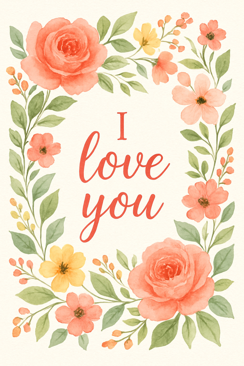 Create a beautiful designed greeting card with the text "I love you" and the theme Flowers